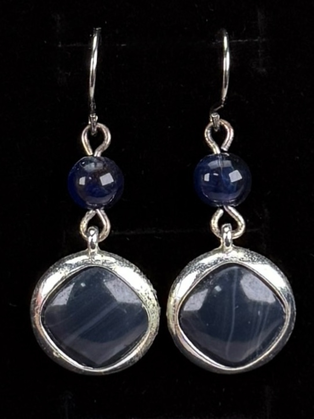 Vintage aged, Silvertone and blue pierced dangle earrings